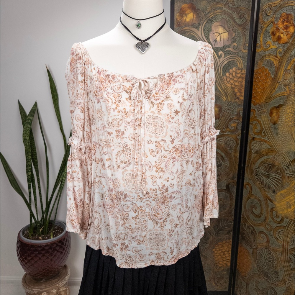 Boho Floral Peasant Top Cream Rayon Tie Front‎ Status by Chenault Fairycore M